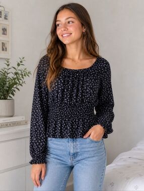 2/$20 Art Class Girls Blouse XL 14 Black Floral Smocked Off Shoulder Peplum Top